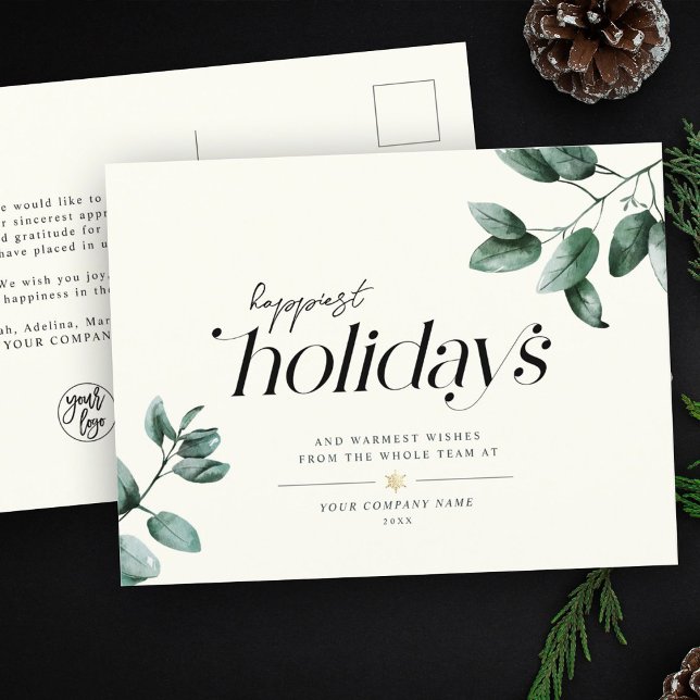 Modern Minimalist Script Eucalyptus Business Logo Holiday Postcard (Creator Uploaded)