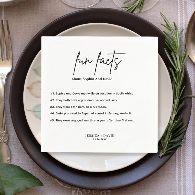 Modern Minimalist Script Fun Facts Wedding  Napkin (Creator Uploaded)