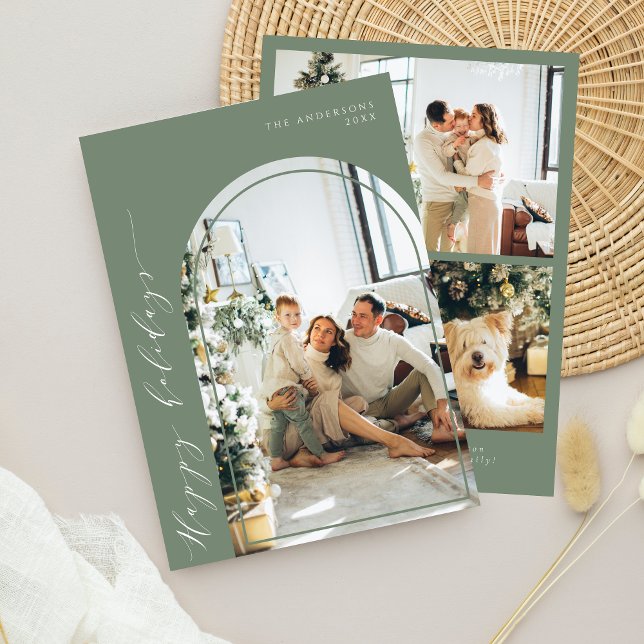 Modern Minimalist Script Happy Holidays Photo Sage Holiday Card (Creator Uploaded)