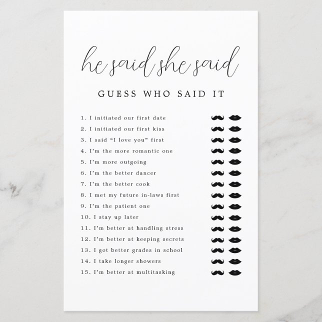 Modern Minimalist Script He Said She Said Game (Front)