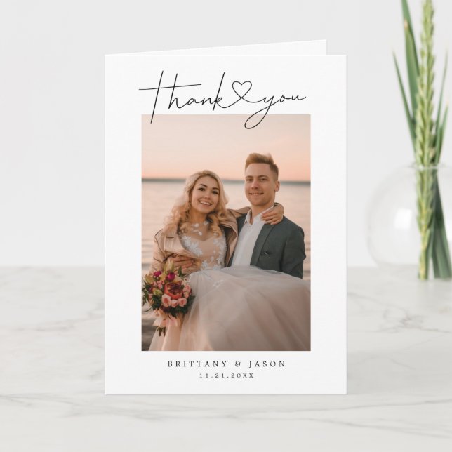 Modern Minimalist Script Heart Wedding Photo Thank You Card (Front)