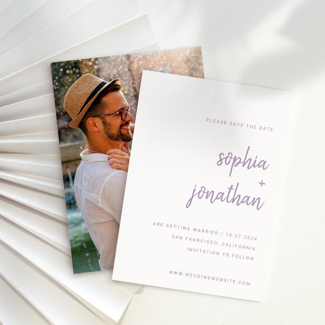 Modern Minimalist Script Lavender | Photo Back Save The Date (Creator Uploaded)