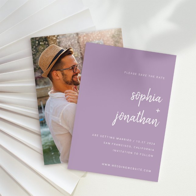 Modern Minimalist Script Lavender | Photo Back Save The Date (Creator Uploaded)