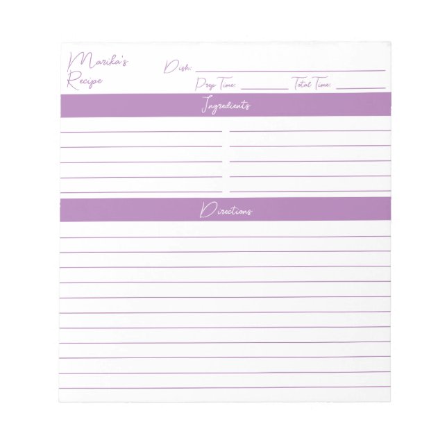 Modern Minimalist Script Lavender Recipes Notepad (Front)