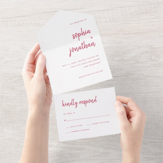 Modern Minimalist Script | Magenta Red Wedding All In One Invitation (Tearaway)