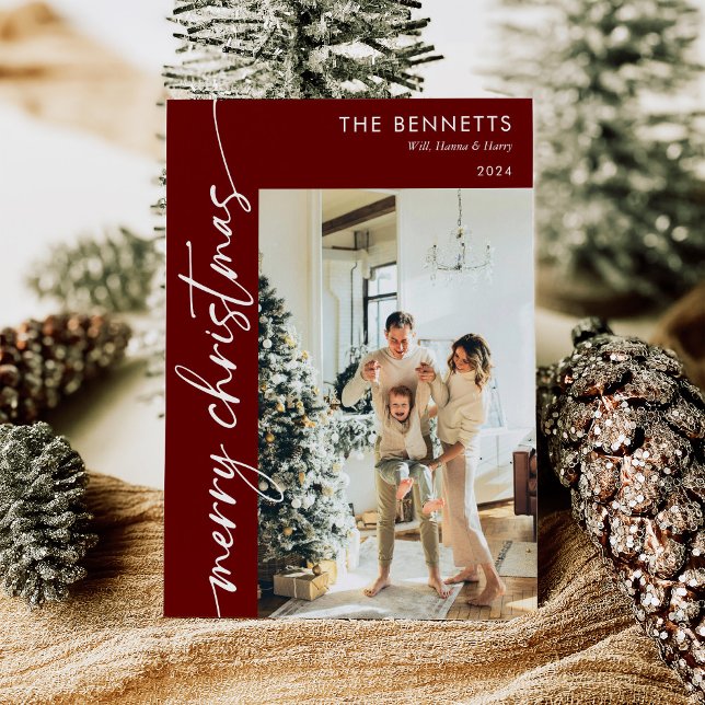 Modern Minimalist Script Merry Christma Photo Red  Holiday Card (Creator Uploaded)