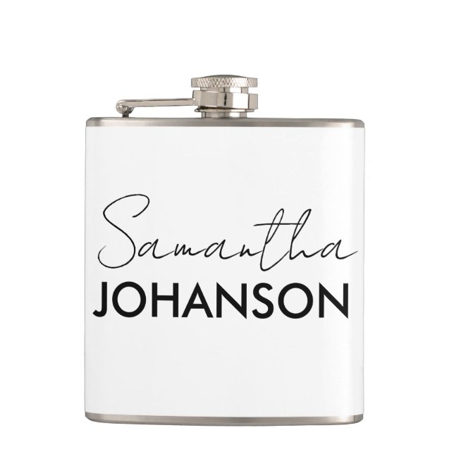 Modern Minimalist Script Name monogram Hip Flask (Front)