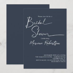 Modern Minimalist Script Navy Blue Bridal Shower Invitation