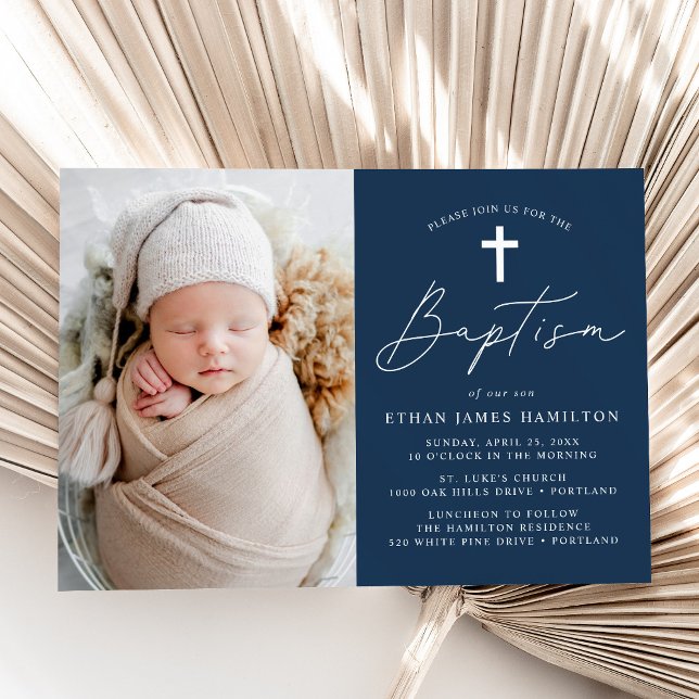 Modern Minimalist Script Navy Blue Photo Baptism Invitation (Creator Uploaded)
