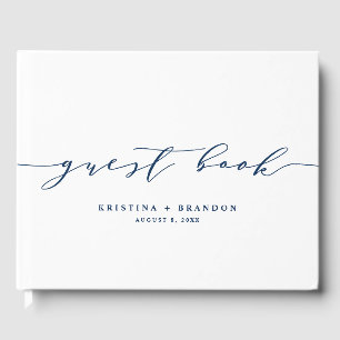 Modern Minimalist Script Navy Blue Photo Wedding Guest Book