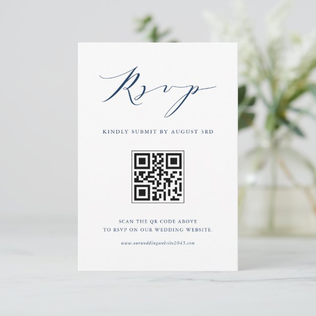 Modern Minimalist Script Navy Blue Wedding QR Code RSVP Card (Standing Front)