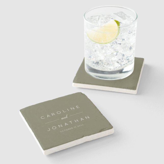Modern Minimalist Script Olive Moss Custom Wedding Stone Coaster (Side)