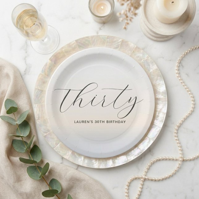 Modern Minimalist Script Pearl 30th Birthday Paper Plate (Creator Uploaded)