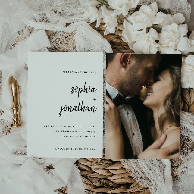 Modern Minimalist Script | Photo Back Save The Date (Creator Uploaded)