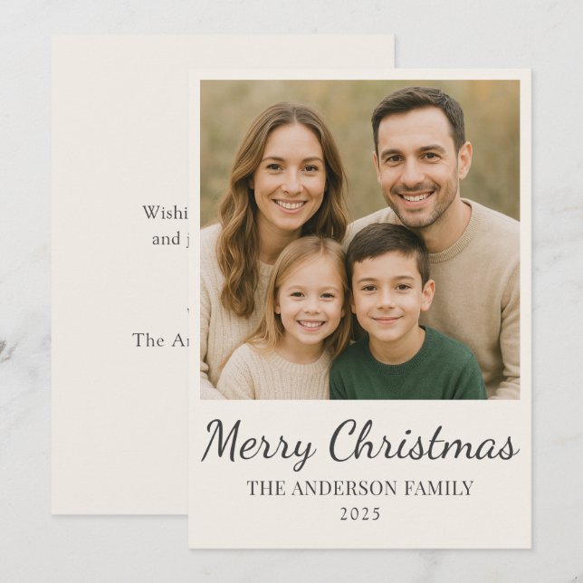 Modern Minimalist Script Photo  Holiday Card (Front/Back)