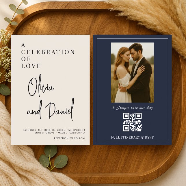 Modern Minimalist Script Photo QR Code Wedding Invitation (Creator Uploaded)