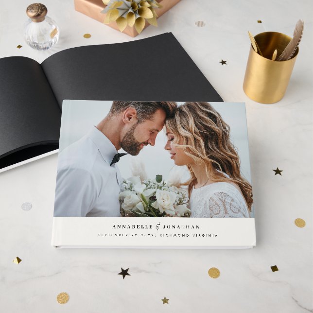 Modern Minimalist Script Photo Wedding Guest Book  (Front Open)
