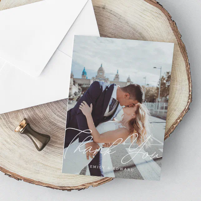 Modern Minimalist Script Photo Wedding Thank You Card | Zazzle