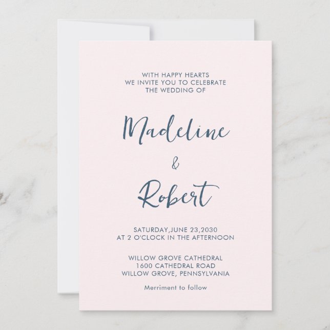 Modern Minimalist Script Pink Blue Wedding Invitation (Front)