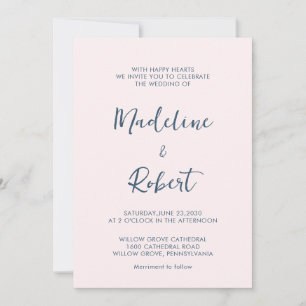 Modern Minimalist Script Pink Blue Wedding Invitation
