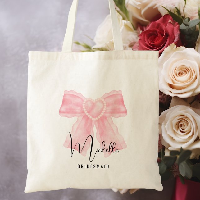 Modern Minimalist Script Pink Bow Elegant Wedding Tote Bag (Creator Uploaded)