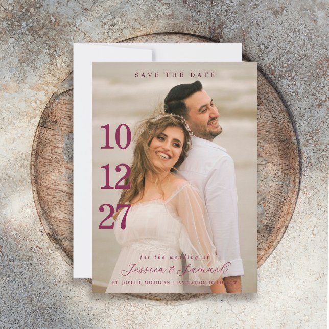 Modern Minimalist Script Plum Colour Wedding Photo Save The Date (Creator Uploaded)