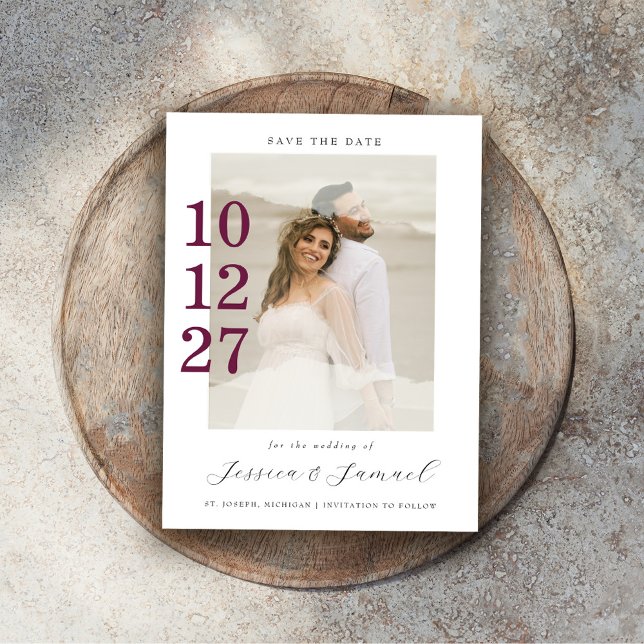 Modern Minimalist Script Plum Colour Wedding Photo Save The Date (Creator Uploaded)