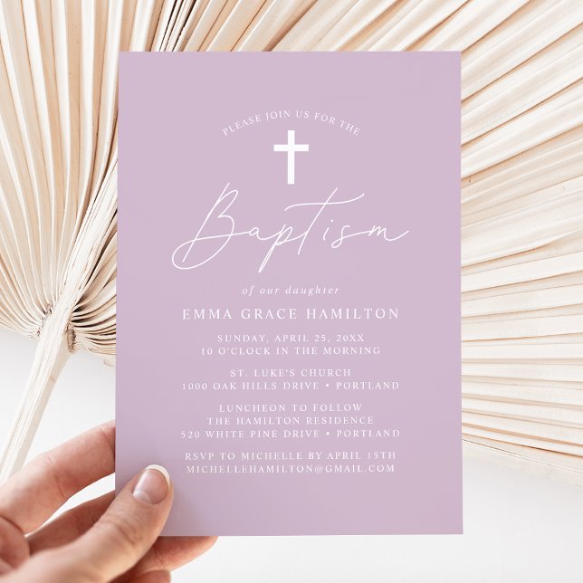 Modern Minimalist Script Purple Baptism Invitation (Creator Uploaded)