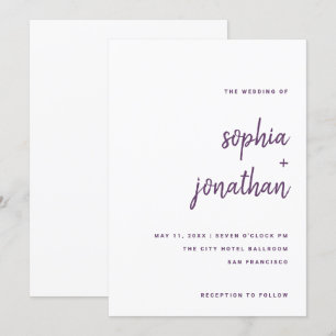 Modern Minimalist Script Purple on White Wedding Invitation