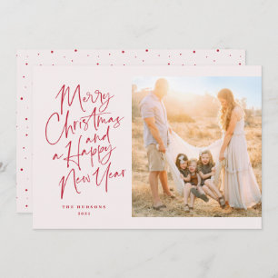 Modern Minimalist Script Red and Pink Holiday Card