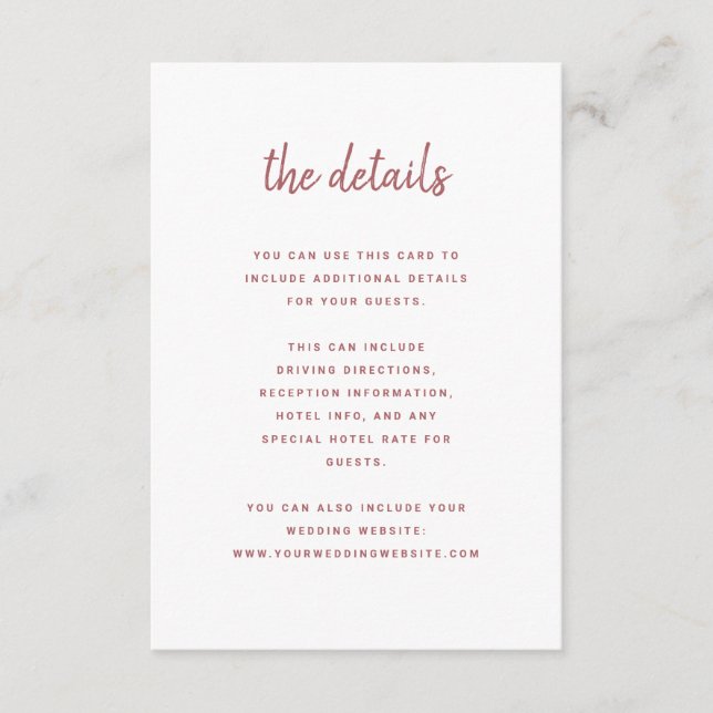 Modern Minimalist Script Rose Pink | Guest Details Enclosure Card (Front)