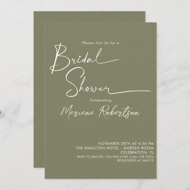 Modern Minimalist Script Sage Green Bridal Shower Invitation (Front/Back)