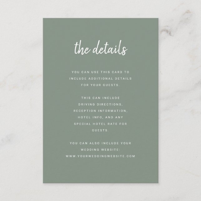 Modern Minimalist Script Sage Green  | Details Enclosure Card (Front)