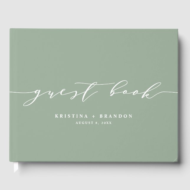 Modern Minimalist Script Sage Green Photo Wedding Guest Book (Front)