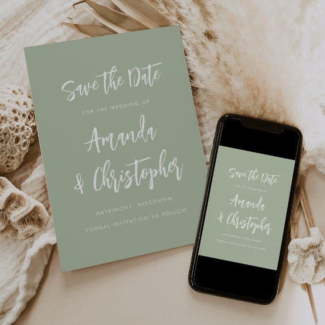 Modern Minimalist Script Sage Green Save the Date Announcement (Creator Uploaded)