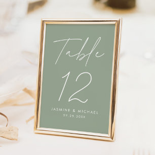 Modern Minimalist Script Sage Green Wedding Table Number