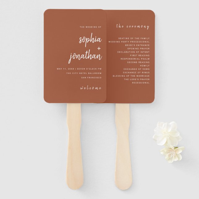 Modern Minimalist Script Terracotta | Wedding Hand Fan (Front and Back)