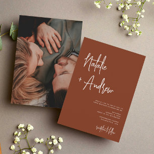 Modern Minimalist Script Terracotta Wedding Photo Invitation