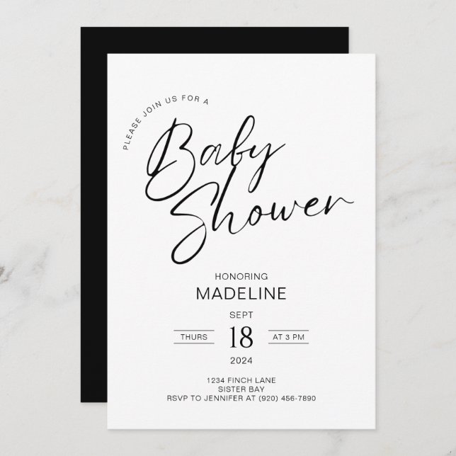 Modern Minimalist Script Typography Baby Shower  Invitation (Front/Back)