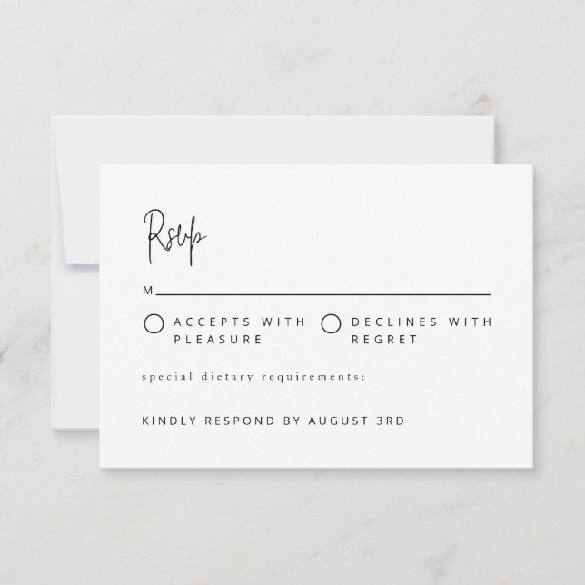 Modern Minimalist Script Wedding Black and White RSVP Card (Front)