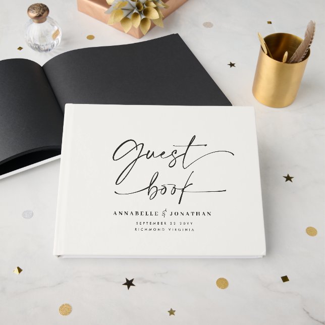 Modern Minimalist Script Wedding Guest Book chic (Front Open)