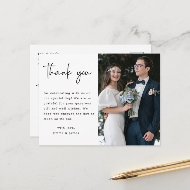 Modern Minimalist Script Wedding Photo Thank You Postcard (Front/Back In Situ)