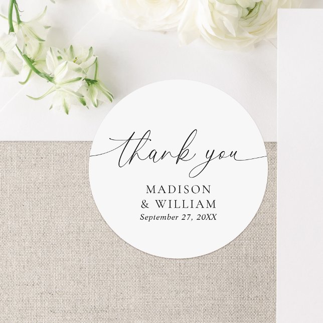Modern Minimalist Script Wedding Thank You Classic Round Sticker (Creator Uploaded)