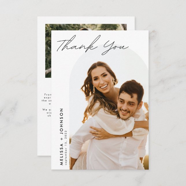 Modern Minimalist Script Wedding Two Photo Thank You Card (Front/Back)