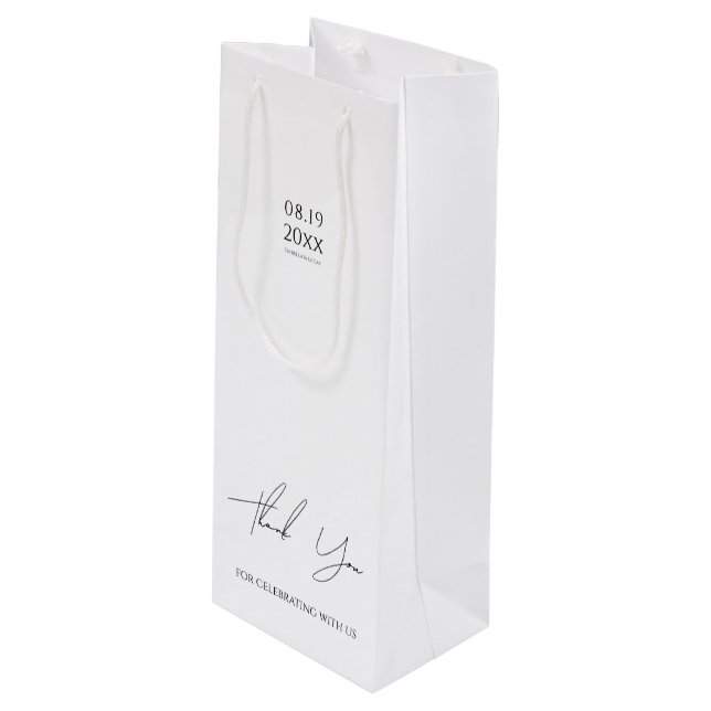 Modern Minimalist Script Wedding Wine Gift Bag (Front Angled)