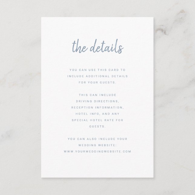 Modern Minimalist Script White and Blue  | Details Enclosure Card (Front)