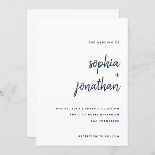 Modern Minimalist Script   White and Navy Wedding Invitation