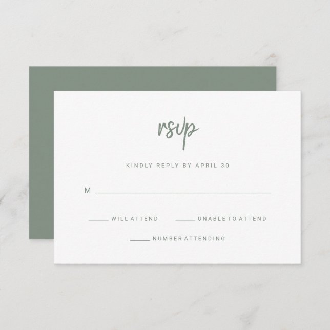 Modern Minimalist Script | White and Sage Wedding RSVP Card (Front/Back)