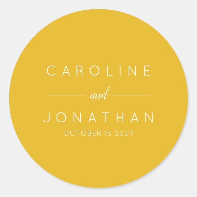 Modern Minimalist Script Yellow Custom Wedding Classic Round Sticker (Front)