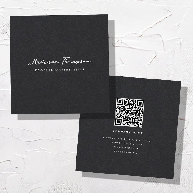 Modern Minimalist Signature Script QR Code Black Square Business Card (Creator Uploaded)